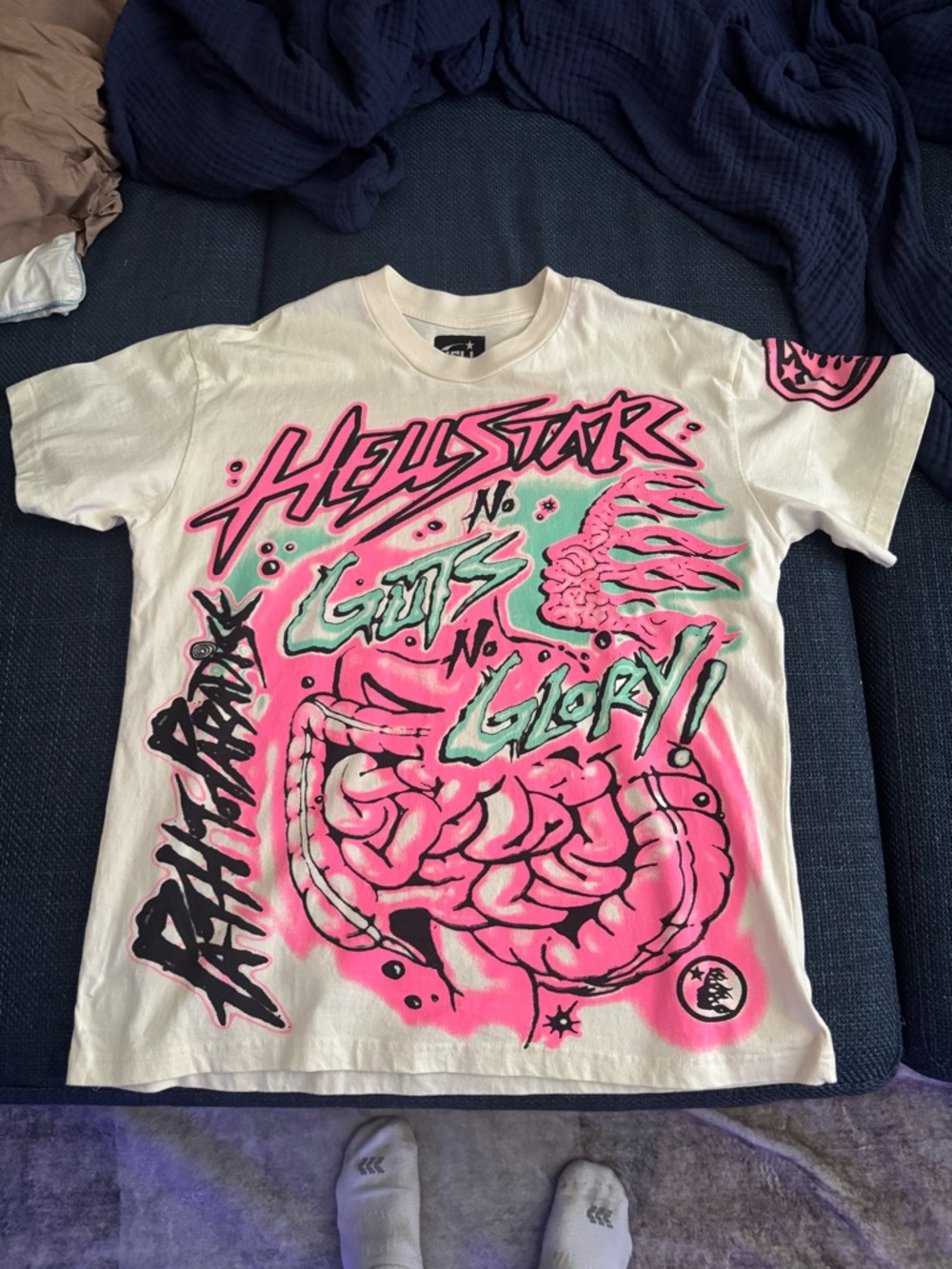 Hellstar Graphic Short Sleeve Tee in White with Neon Pink & Mint